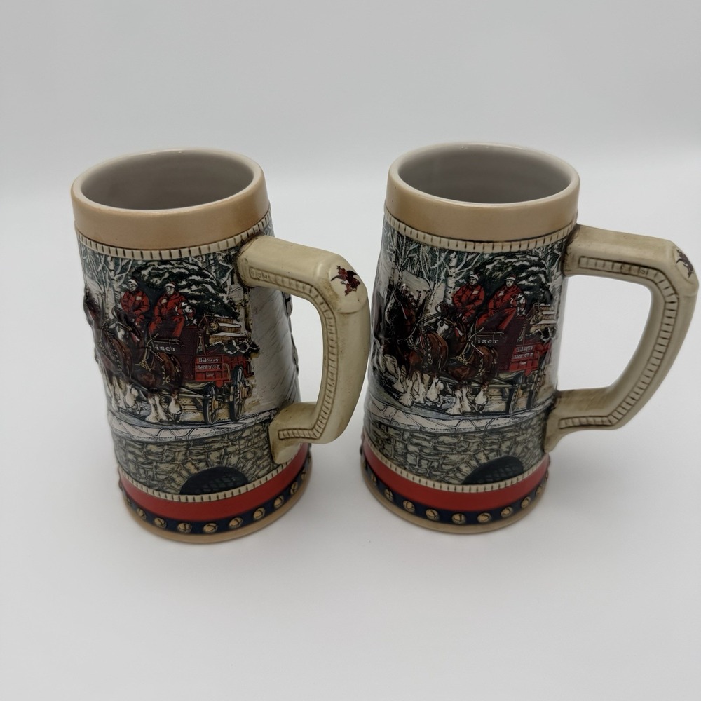 Vintage 1988 Budweiser Clydesdales Country Bridge Stein Pair Ceramarte Brazil